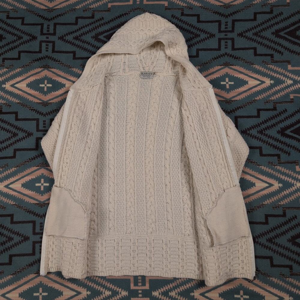 Blarney Aran Ireland Merino Wool Hooded Cardigan Fisherman Cableknit Large - Picture 3 of 7